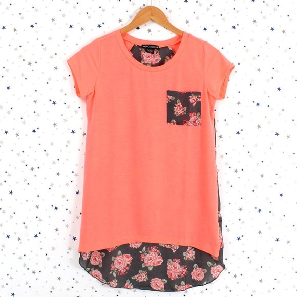 Floral Print Back Top Tee Neon Coral - Picture 6 of 7